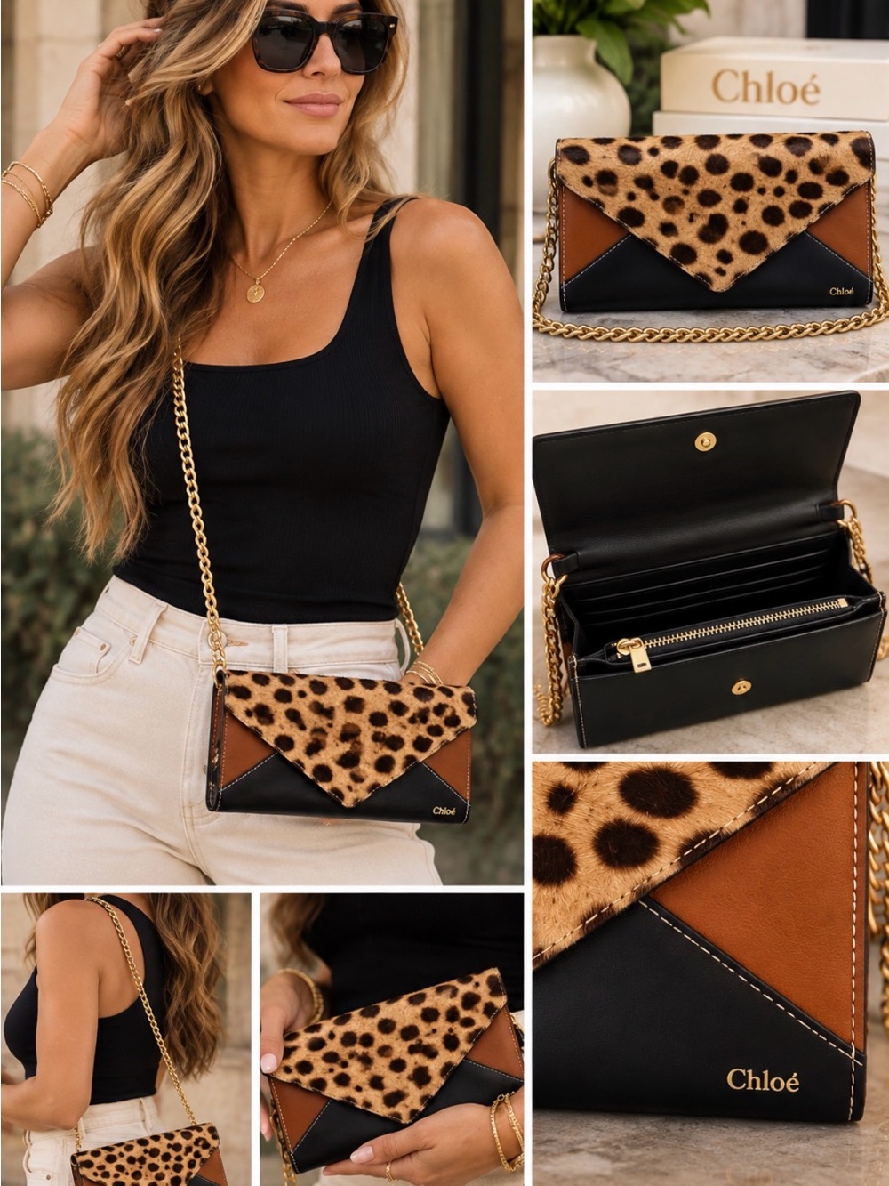 Rare Chloe Leopard Print Envelope Clutch - Black & Brown